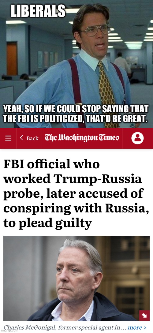 As an FBI official, McGonigal participated in investigations related to Russian interference in the 2016 election - including th | LIBERALS; YEAH, SO IF WE COULD STOP SAYING THAT THE FBI IS POLITICIZED, THAT’D BE GREAT. | image tagged in that would be great | made w/ Imgflip meme maker