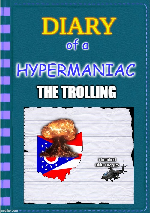 Diary of a wimpy kid:the HYPERMANIAC part 3 | of a; HYPERMANIAC; THE TROLLING; i bombed ohio cuz yes | image tagged in diary of a wimpy kid blank cover | made w/ Imgflip meme maker