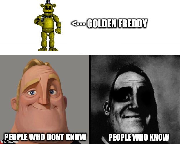 Mr Incredible VS dark Mr Incredible | <--- GOLDEN FREDDY; PEOPLE WHO DONT KNOW; PEOPLE WHO KNOW | image tagged in mr incredible vs dark mr incredible | made w/ Imgflip meme maker