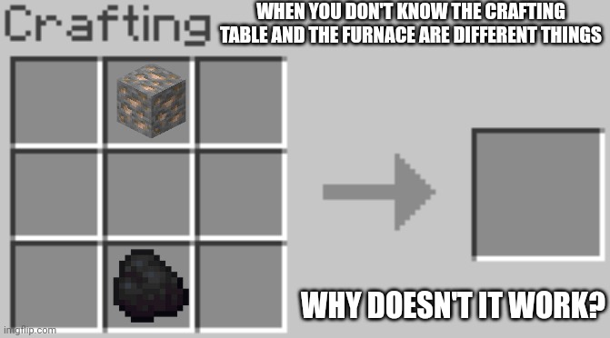 Crafting is different than smelting | WHEN YOU DON'T KNOW THE CRAFTING TABLE AND THE FURNACE ARE DIFFERENT THINGS; WHY DOESN'T IT WORK? | image tagged in synthesis | made w/ Imgflip meme maker