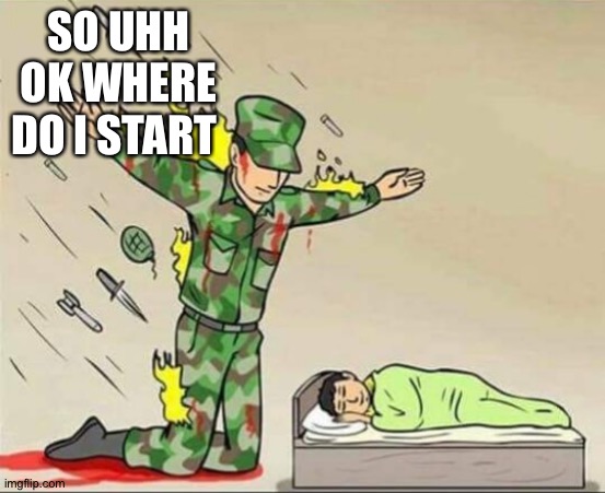 Help | SO UHH OK WHERE DO I START | image tagged in soldier protecting sleeping child | made w/ Imgflip meme maker