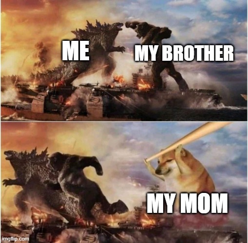 RUN BROTHER RUN | ME; MY BROTHER; MY MOM | image tagged in kong godzilla doge | made w/ Imgflip meme maker