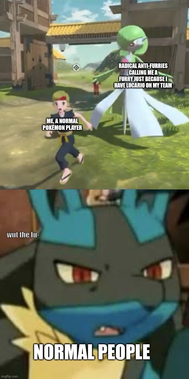 (Qhar?) Happened irl fir those who were wondering | RADICAL ANTI-FURRIES CALLING ME A FURRY JUST BECAUSE I HAVE LUCARIO ON MY TEAM; ME, A NORMAL POKÉMON PLAYER; NORMAL PEOPLE | image tagged in trainer running from gardevoir,lucario wtf | made w/ Imgflip meme maker