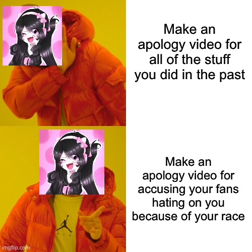 Doesn’t even know how a apology vid works | Make an apology video for all of the stuff you did in the past; Make an apology video for accusing your fans hating on you because of your race | image tagged in memes,drake hotline bling | made w/ Imgflip meme maker