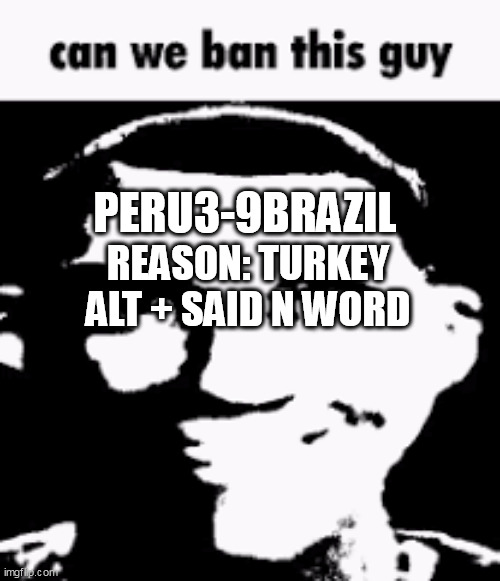 BAN THEM QUICK | PERU3-9BRAZIL; REASON: TURKEY ALT + SAID N WORD | image tagged in can we ban this guy | made w/ Imgflip meme maker