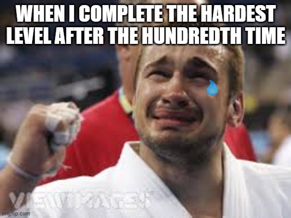 Tears of joy | WHEN I COMPLETE THE HARDEST LEVEL AFTER THE HUNDREDTH TIME | image tagged in happy tears terry | made w/ Imgflip meme maker