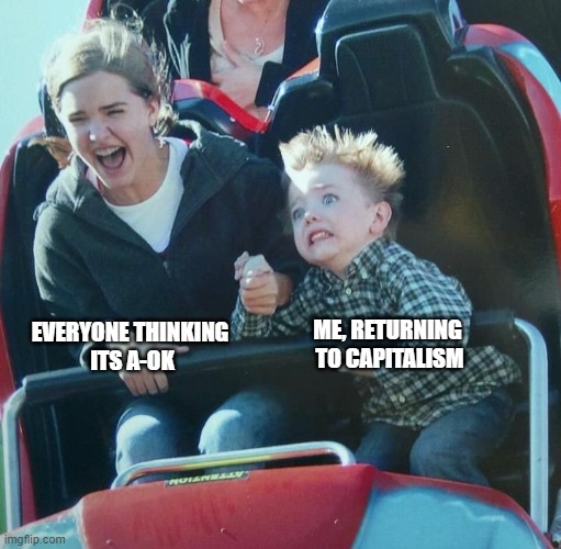 Rollercoaster Higher Self Me | ME, RETURNING 
TO CAPITALISM; EVERYONE THINKING 
ITS A-OK | image tagged in rollercoaster higher self me | made w/ Imgflip meme maker