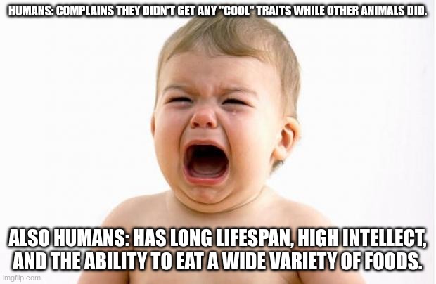 Humans Be Like: | HUMANS: COMPLAINS THEY DIDN'T GET ANY "COOL" TRAITS WHILE OTHER ANIMALS DID. ALSO HUMANS: HAS LONG LIFESPAN, HIGH INTELLECT, AND THE ABILITY TO EAT A WIDE VARIETY OF FOODS. | image tagged in baby crying,humans,animals,food | made w/ Imgflip meme maker