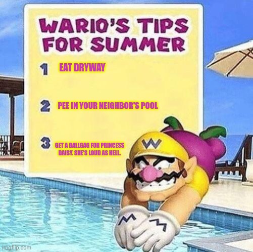 Warios tips for summer | EAT DRYWAY; PEE IN YOUR NEIGHBOR'S POOL; GET A BALLGAG FOR PRINCESS DAISY. SHE'S LOUD AS HELL. | image tagged in warios tips for summer,but why tho,wario | made w/ Imgflip meme maker