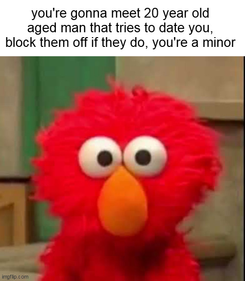 elmo staring at you | you're gonna meet 20 year old aged man that tries to date you, block them off if they do, you're a minor | image tagged in elmo staring at you | made w/ Imgflip meme maker