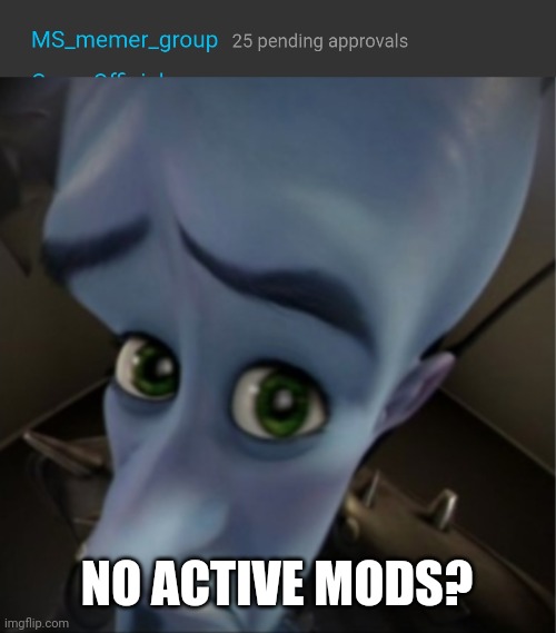 ☠️ | NO ACTIVE MODS? | image tagged in megamind peeking | made w/ Imgflip meme maker
