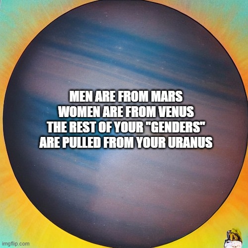 Gender-Uranus | MEN ARE FROM MARS
WOMEN ARE FROM VENUS
THE REST OF YOUR "GENDERS"
ARE PULLED FROM YOUR URANUS | image tagged in lgbtq,gender identity,gender confusion,2 genders | made w/ Imgflip meme maker