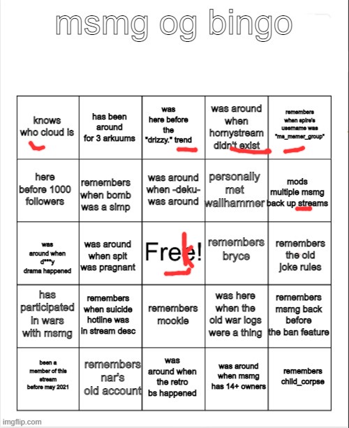 the ones I didnt fill in I dont know. fill me on them | image tagged in msmg og bingo by bombhands | made w/ Imgflip meme maker