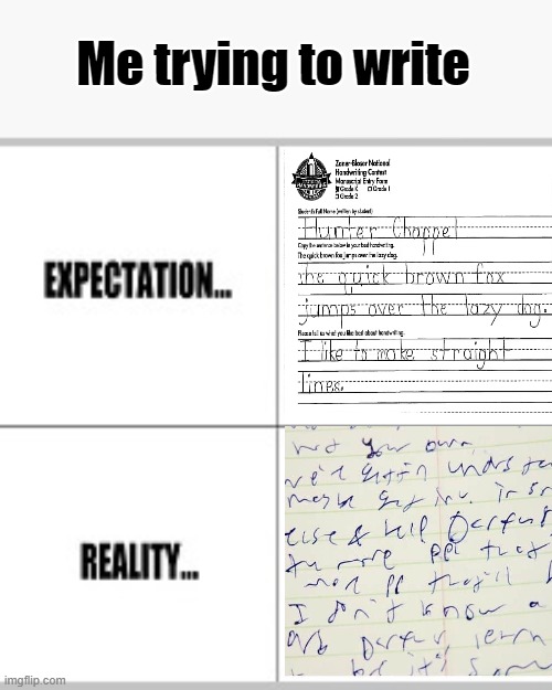 Expectation vs Reality | Me trying to write | image tagged in expectation vs reality,drawing,fun | made w/ Imgflip meme maker