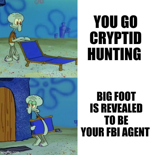 Big foot is my FBI agent | YOU GO CRYPTID HUNTING; BIG FOOT IS REVEALED TO BE YOUR FBI AGENT | image tagged in squidward chair | made w/ Imgflip meme maker