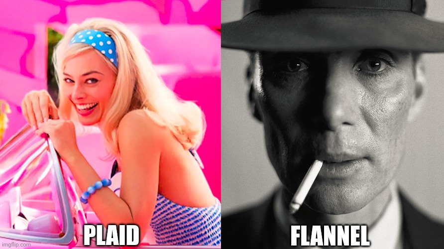 Plaid and flannel are like Barbie and Oppenheimer | PLAID; FLANNEL | image tagged in barbie vs oppenheimer | made w/ Imgflip meme maker