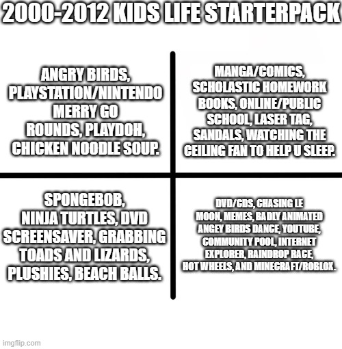 Blank Starter Pack | 2000-2012 KIDS LIFE STARTERPACK; MANGA/COMICS, SCHOLASTIC HOMEWORK BOOKS, ONLINE/PUBLIC SCHOOL, LASER TAG, SANDALS, WATCHING THE CEILING FAN TO HELP U SLEEP. ANGRY BIRDS, PLAYSTATION/NINTENDO MERRY GO ROUNDS, PLAYDOH, CHICKEN NOODLE SOUP. SPONGEBOB, NINJA TURTLES, DVD SCREENSAVER, GRABBING TOADS AND LIZARDS, PLUSHIES, BEACH BALLS. DVD/CDS, CHASING LE MOON, MEMES, BADLY ANIMATED ANGEY BIRDS DANCE, YOUTUBE, COMMUNITY POOL, INTERNET EXPLORER, RAINDROP RACE, HOT WHEELS, AND MINECRAFT/ROBLOX. | image tagged in memes,blank starter pack | made w/ Imgflip meme maker