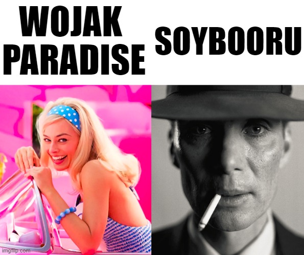 Barbie vs Oppenheimer | WOJAK 
PARADISE; SOYBOORU | image tagged in barbie vs oppenheimer,memes | made w/ Imgflip meme maker