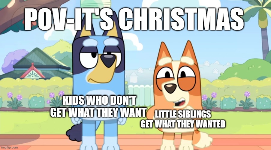 remind you of something | POV-IT'S CHRISTMAS; LITTLE SIBLINGS GET WHAT THEY WANTED; KIDS WHO DON'T GET WHAT THEY WANT | image tagged in bluey unimpressed bingo happy,memes,funny | made w/ Imgflip meme maker