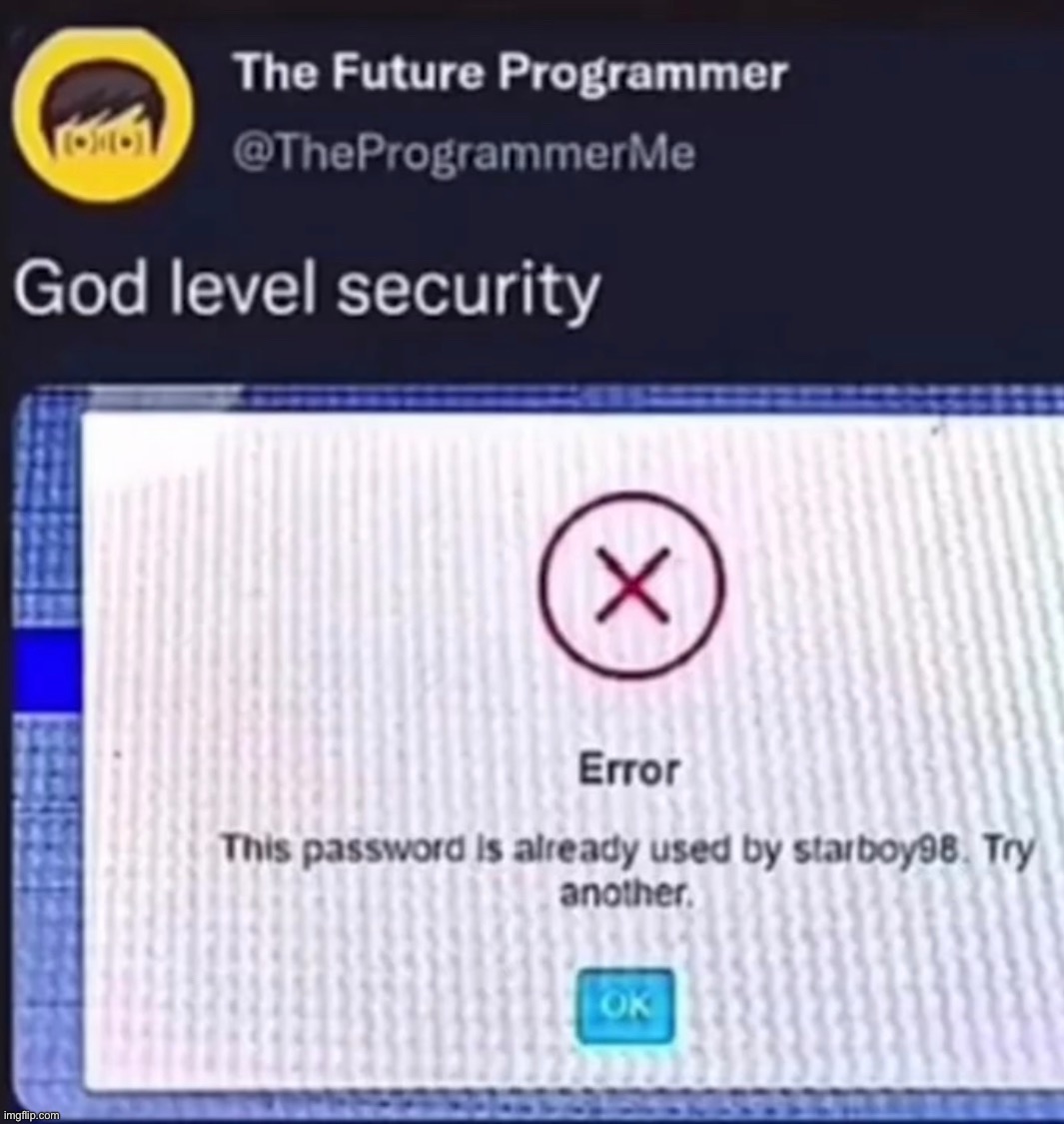 was gonna post this in you-had-one-job but whenever i post something there it always gets rejected so its going here | image tagged in security,password,bruh | made w/ Imgflip meme maker