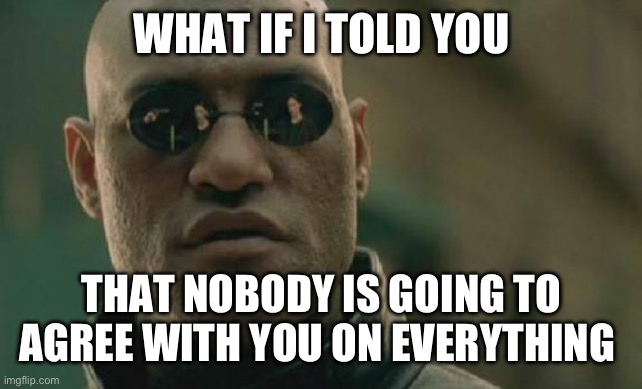 That’s how the world works | WHAT IF I TOLD YOU; THAT NOBODY IS GOING TO AGREE WITH YOU ON EVERYTHING | image tagged in memes,matrix morpheus | made w/ Imgflip meme maker