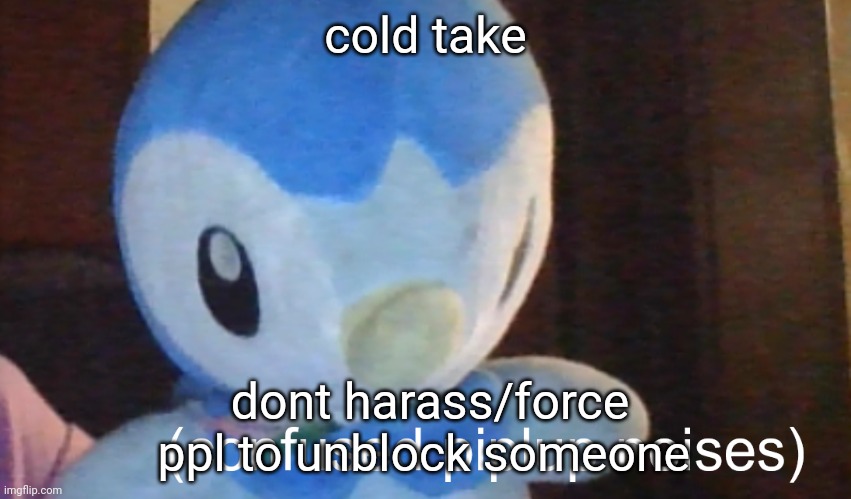 confusion piplup | cold take; dont harass/force ppl to unblock someone | image tagged in confusion piplup | made w/ Imgflip meme maker