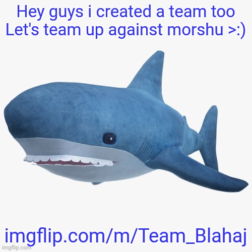 annoucnment temp | Hey guys i created a team too
Let's team up against morshu >:); imgflip.com/m/Team_Blahaj | image tagged in annoucnment temp | made w/ Imgflip meme maker