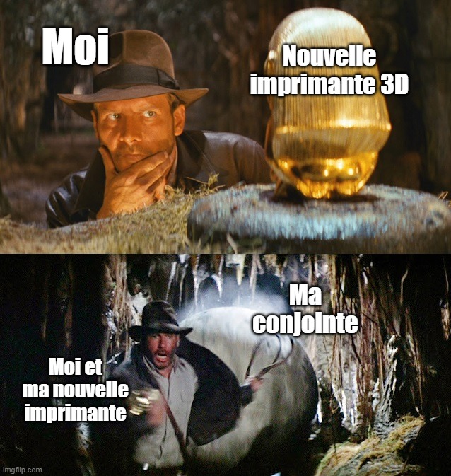 Nouvelle imprimante 3D vs copine | Nouvelle imprimante 3D; Moi; Ma conjointe; Moi et ma nouvelle imprimante | image tagged in indiana jones ball run | made w/ Imgflip meme maker