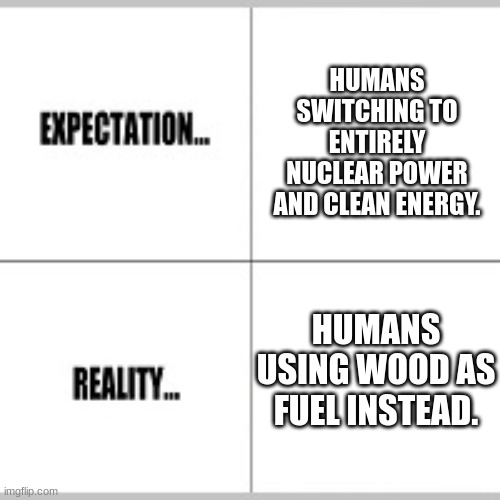 This is what will ACTUALLY happen if fossil fuels run out. | HUMANS SWITCHING TO ENTIRELY NUCLEAR POWER AND CLEAN ENERGY. HUMANS USING WOOD AS FUEL INSTEAD. | image tagged in expectation vs reality,fossil fuel,humans,climate change | made w/ Imgflip meme maker