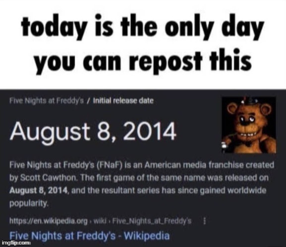 Fnaf’s 9 year anniversary | image tagged in fnaf | made w/ Imgflip meme maker