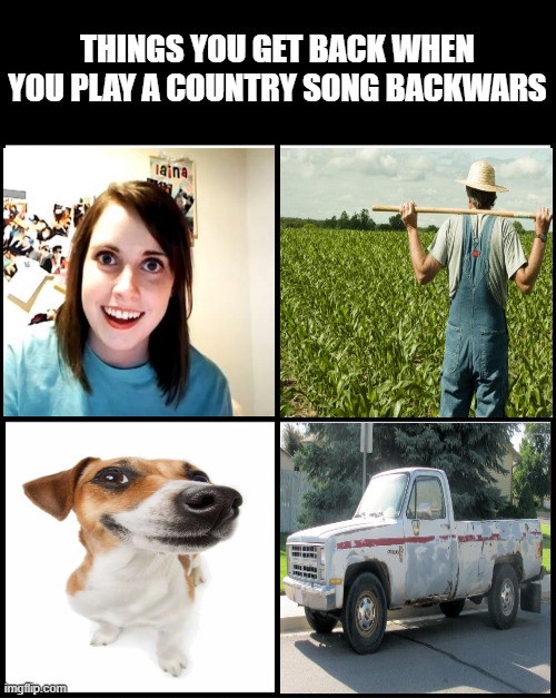 Country Reverse | THINGS YOU GET BACK WHEN YOU PLAY A COUNTRY SONG BACKWARS | image tagged in blank drake format | made w/ Imgflip meme maker