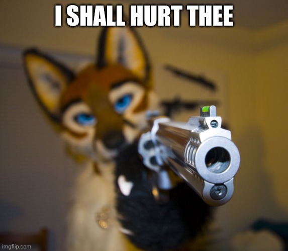 Furry with gun | I SHALL HURT THEE | image tagged in furry with gun | made w/ Imgflip meme maker