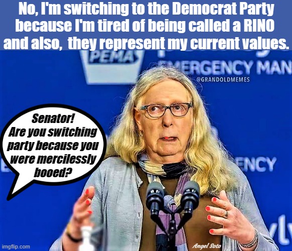 Trans Mitch McConnell | No, I'm switching to the Democrat Party
because I'm tired of being called a RINO 
and also,  they represent my current values. Senator!
Are you switching
party because you
were mercilessly
booed? Angel Soto | image tagged in democrat party,mitch mcconnell,rino,trans,senator,values | made w/ Imgflip meme maker