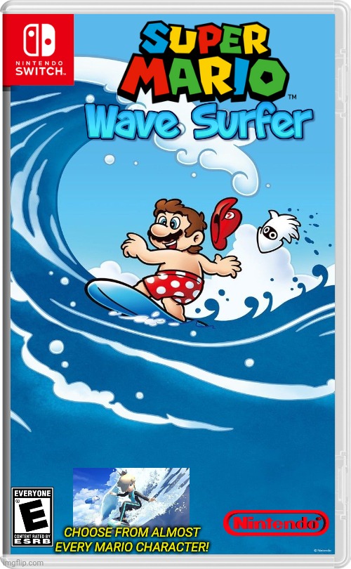 CATCH SUMMER WAVES WITH MARIO | CHOOSE FROM ALMOST EVERY MARIO CHARACTER! | image tagged in nintendo switch,super mario bros,mario,surfing,fake switch games | made w/ Imgflip meme maker