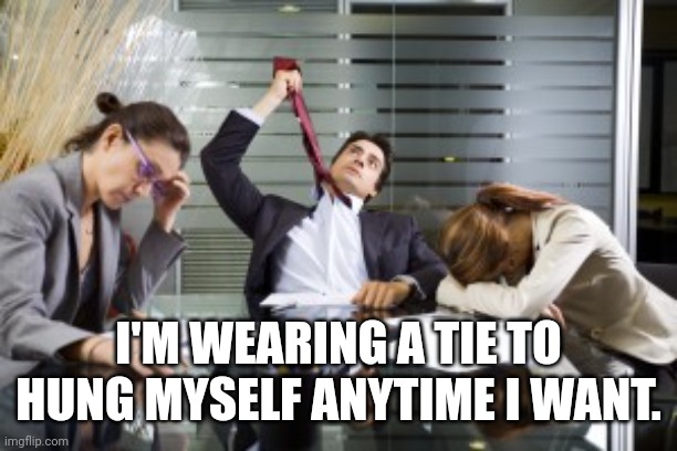 work meetings | I'M WEARING A TIE TO HUNG MYSELF ANYTIME I WANT. | image tagged in work meetings | made w/ Imgflip meme maker
