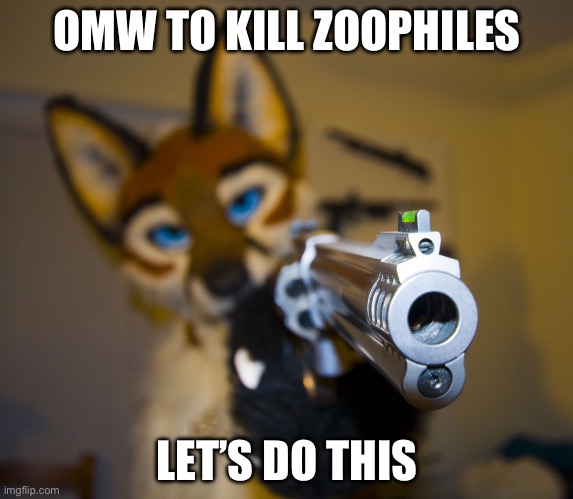 Hunters, let’s do this! | OMW TO KILL ZOOPHILES; LET’S DO THIS | image tagged in furry with gun | made w/ Imgflip meme maker