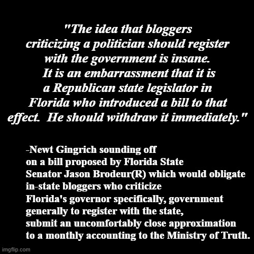 Agreed...  and now I feel sullied... | "The idea that bloggers criticizing a politician should register with the government is insane.  It is an embarrassment that it is a Republican state legislator in Florida who introduced a bill to that effect.  He should withdraw it immediately."; -Newt Gingrich sounding off on a bill proposed by Florida State Senator Jason Brodeur(R) which would obligate in-state bloggers who criticize Florida's governor specifically, government generally to register with the state, submit an uncomfortably close approximation to a monthly accounting to the Ministry of Truth. | image tagged in orwellian | made w/ Imgflip meme maker