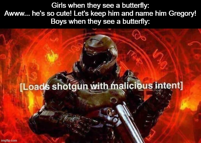 Clever Title | Girls when they see a butterfly: Awww... he's so cute! Let's keep him and name him Gregory!
Boys when they see a butterfly: | image tagged in loads shotgun with malicious intent,boys vs girls,butterfly,kill | made w/ Imgflip meme maker