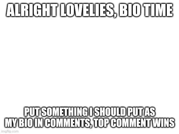 ALRIGHT LOVELIES, BIO TIME; PUT SOMETHING I SHOULD PUT AS MY BIO IN COMMENTS, TOP COMMENT WINS | made w/ Imgflip meme maker