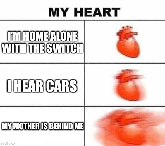 My heart blank | I’M HOME ALONE WITH THE SWITCH; I HEAR CARS; MY MOTHER IS BEHIND ME | image tagged in my heart blank | made w/ Imgflip meme maker
