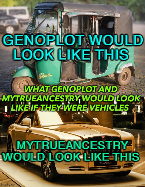Genoplot Would Look Like This | GENOPLOT WOULD LOOK LIKE THIS; WHAT GENOPLOT AND MYTRUEANCESTRY WOULD LOOK LIKE IF THEY WERE VEHICLES; MYTRUEANCESTRY WOULD LOOK LIKE THIS | image tagged in what they would look like | made w/ Imgflip meme maker