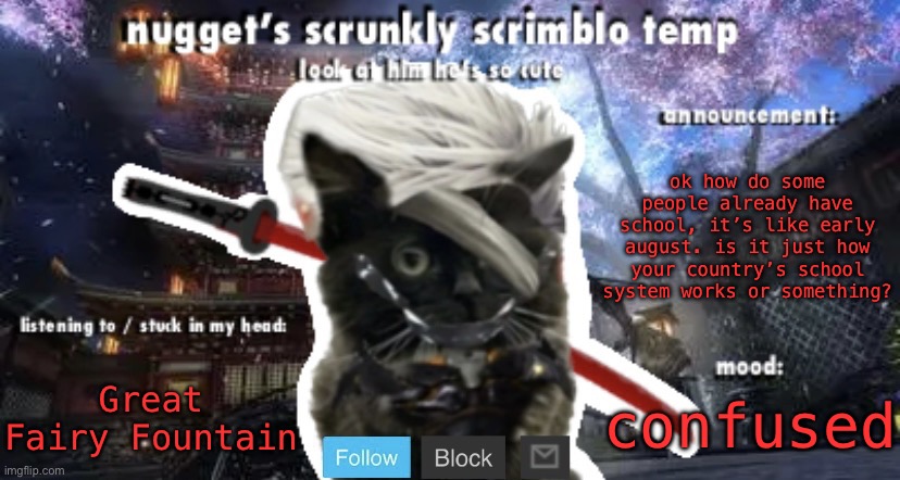 Nugget’s Scrunkly Scrimblo Temp | ok how do some people already have school, it’s like early august. is it just how your country’s school system works or something? Great Fairy Fountain; confused | image tagged in nugget s scrunkly scrimblo temp | made w/ Imgflip meme maker