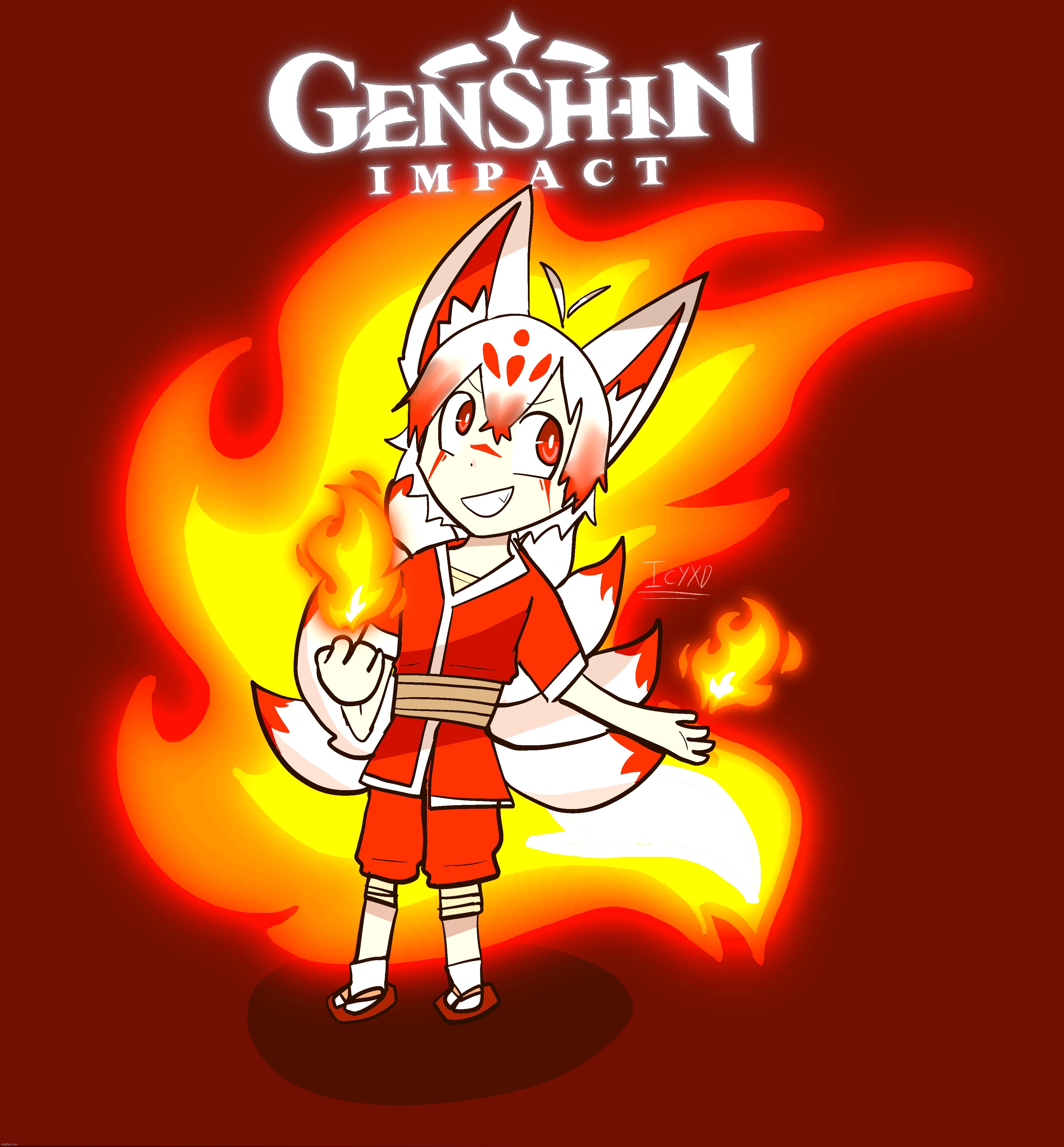 A Genshin Impact character idea!! His name is Kōri and he’s a Kitsune fire spirit | image tagged in genshin impact,kitsune | made w/ Imgflip meme maker
