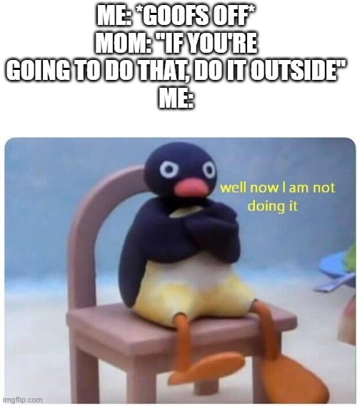 what's the point of doing it if you can't do it in the house? | ME: *GOOFS OFF*
MOM: "IF YOU'RE GOING TO DO THAT, DO IT OUTSIDE"
ME: | image tagged in well now i'm not doing it,mom,well now i am not doing it | made w/ Imgflip meme maker