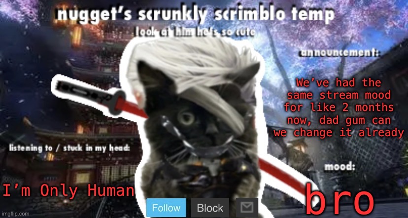 Nugget’s Scrunkly Scrimblo Temp | We’ve had the same stream mood for like 2 months now, dad gum can we change it already; I’m Only Human; bro | image tagged in nugget s scrunkly scrimblo temp | made w/ Imgflip meme maker