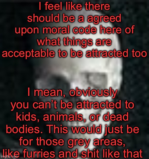 Debate in comments, I wanna see chaos | I feel like there should be a agreed upon moral code here of what things are acceptable to be attracted too; I mean, obviously you can’t be attracted to kids, animals, or dead bodies. This would just be for those grey areas, like furries and shit like that | image tagged in skull | made w/ Imgflip meme maker