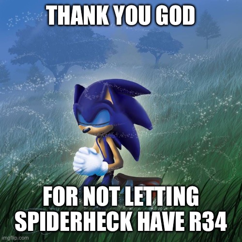 Thank you god | THANK YOU GOD; FOR NOT LETTING SPIDERHECK HAVE R34 | image tagged in thank you god | made w/ Imgflip meme maker