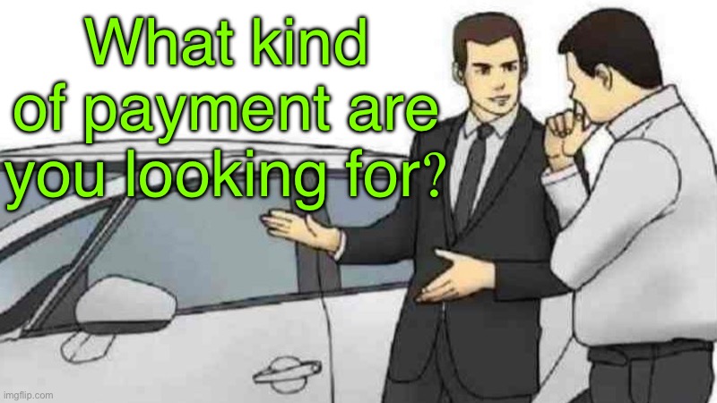 Selling on Payment Instead of Price | What kind of payment are you looking for? | image tagged in memes,car salesman slaps roof of car | made w/ Imgflip meme maker