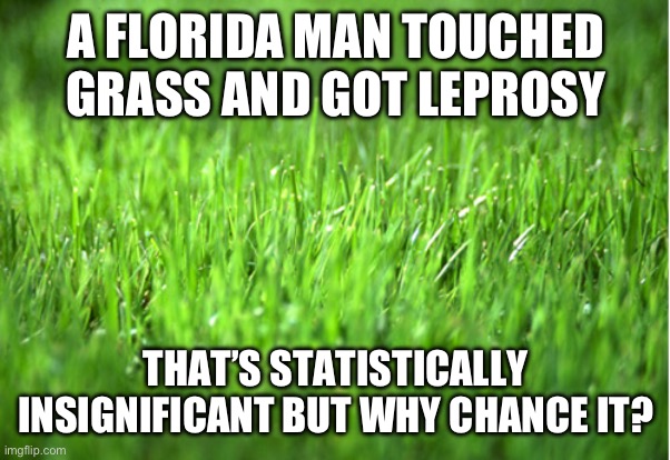 Tell all your enemies to go handle an armadillo | A FLORIDA MAN TOUCHED GRASS AND GOT LEPROSY; THAT’S STATISTICALLY INSIGNIFICANT BUT WHY CHANCE IT? | image tagged in grass is greener,leprosy,florida man | made w/ Imgflip meme maker