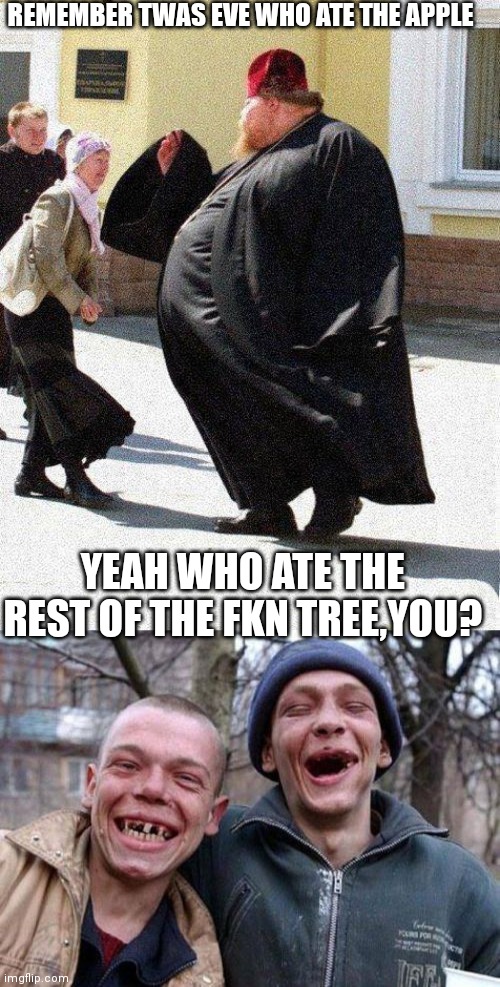 REMEMBER TWAS EVE WHO ATE THE APPLE; YEAH WHO ATE THE REST OF THE FKN TREE,YOU? | image tagged in fat priest,memes,ugly twins | made w/ Imgflip meme maker